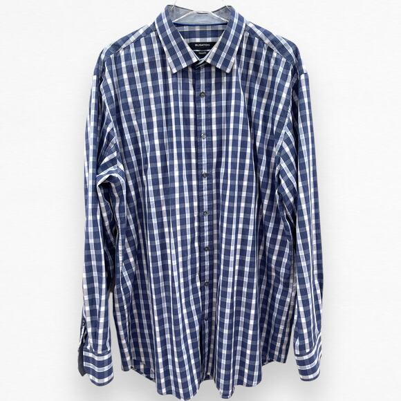 Bugatchi Uomo Shirt XXL Blue Plaid Check Long Sleeve Cotton Casual Dress Shirt - Picture 2 of 16